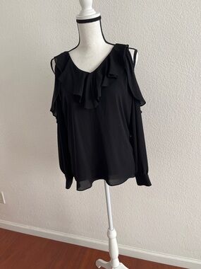 Tahari Black Ruffle Cold-Shoulder Blouse